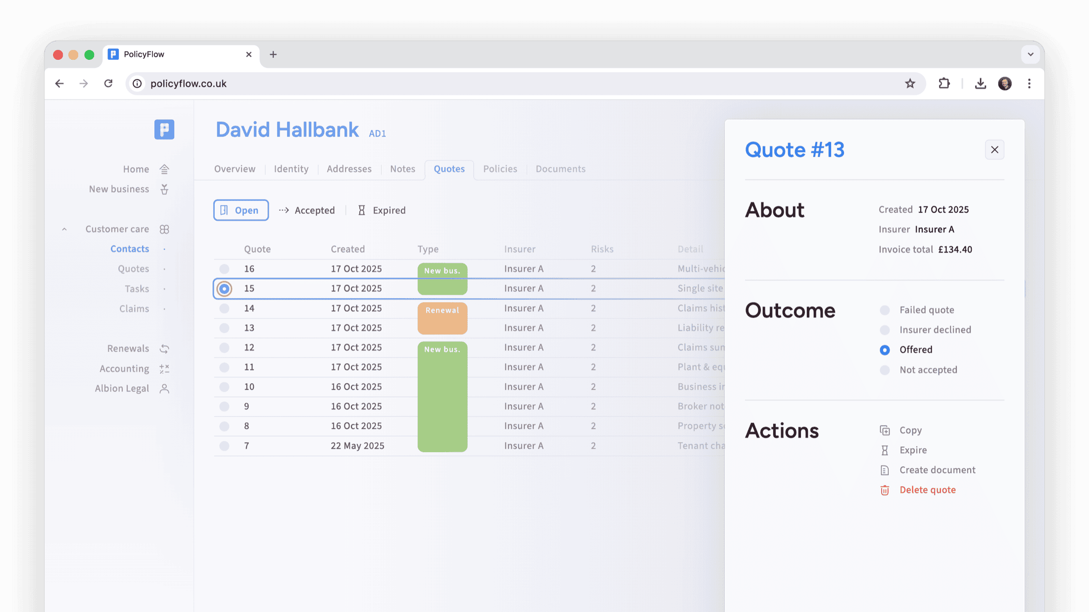 Policyflow quotes panel
