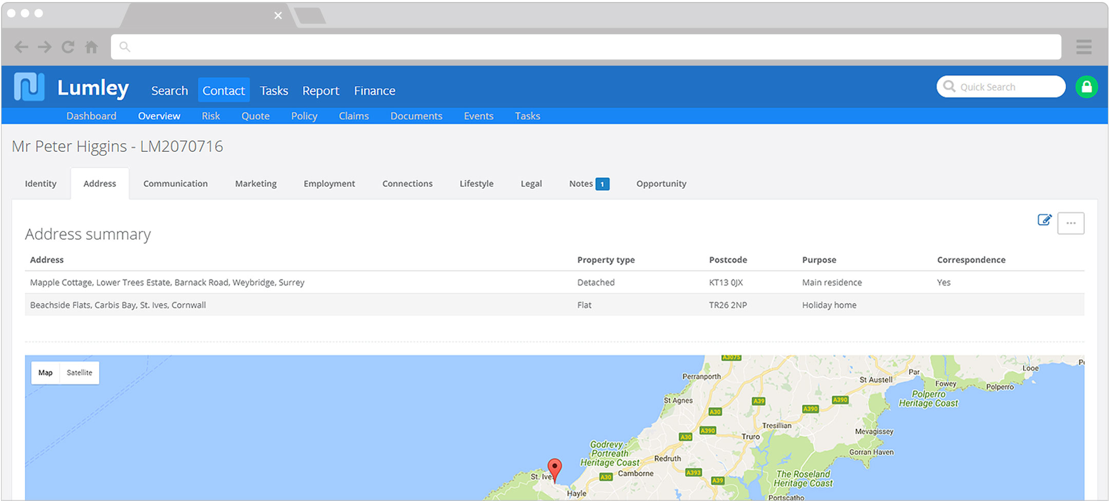 PolicyFlow's insurance broking management software client address summary