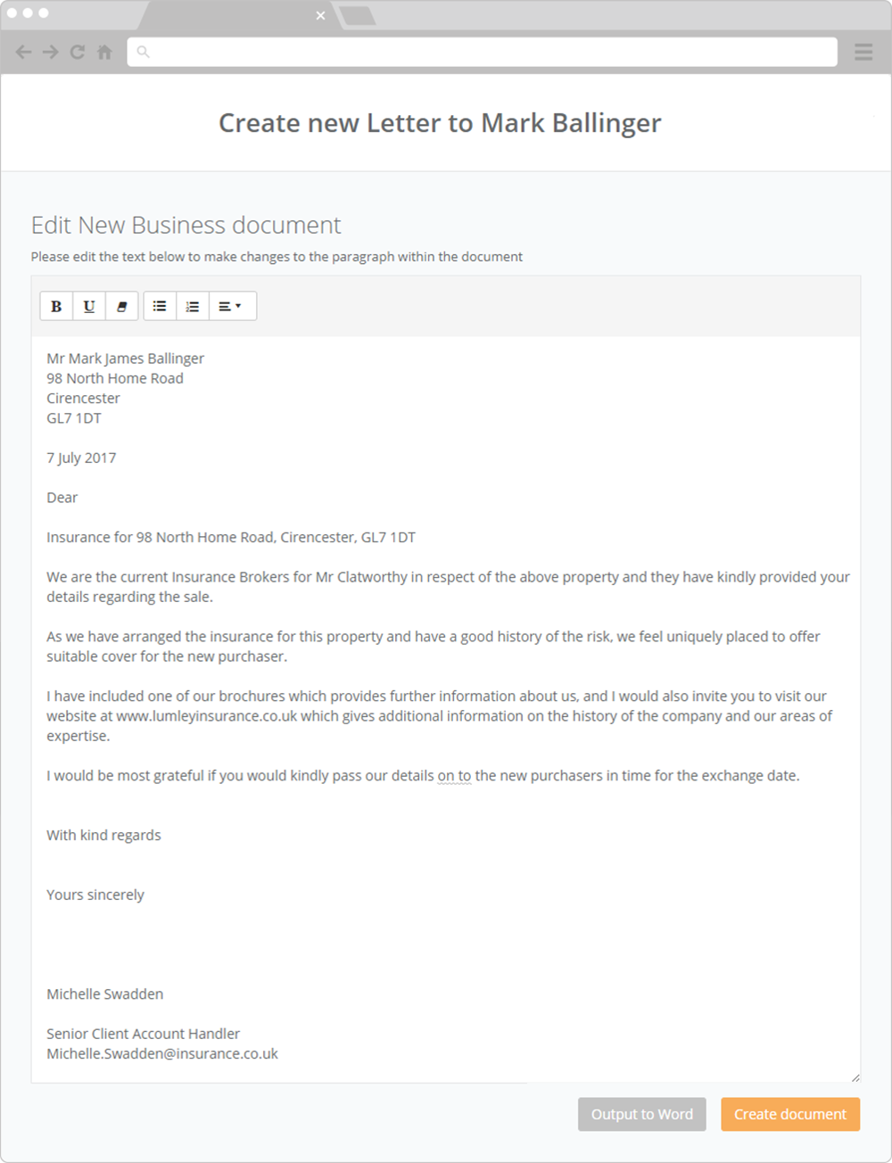 PolicyFlow's insurance broking management software document management edit screen